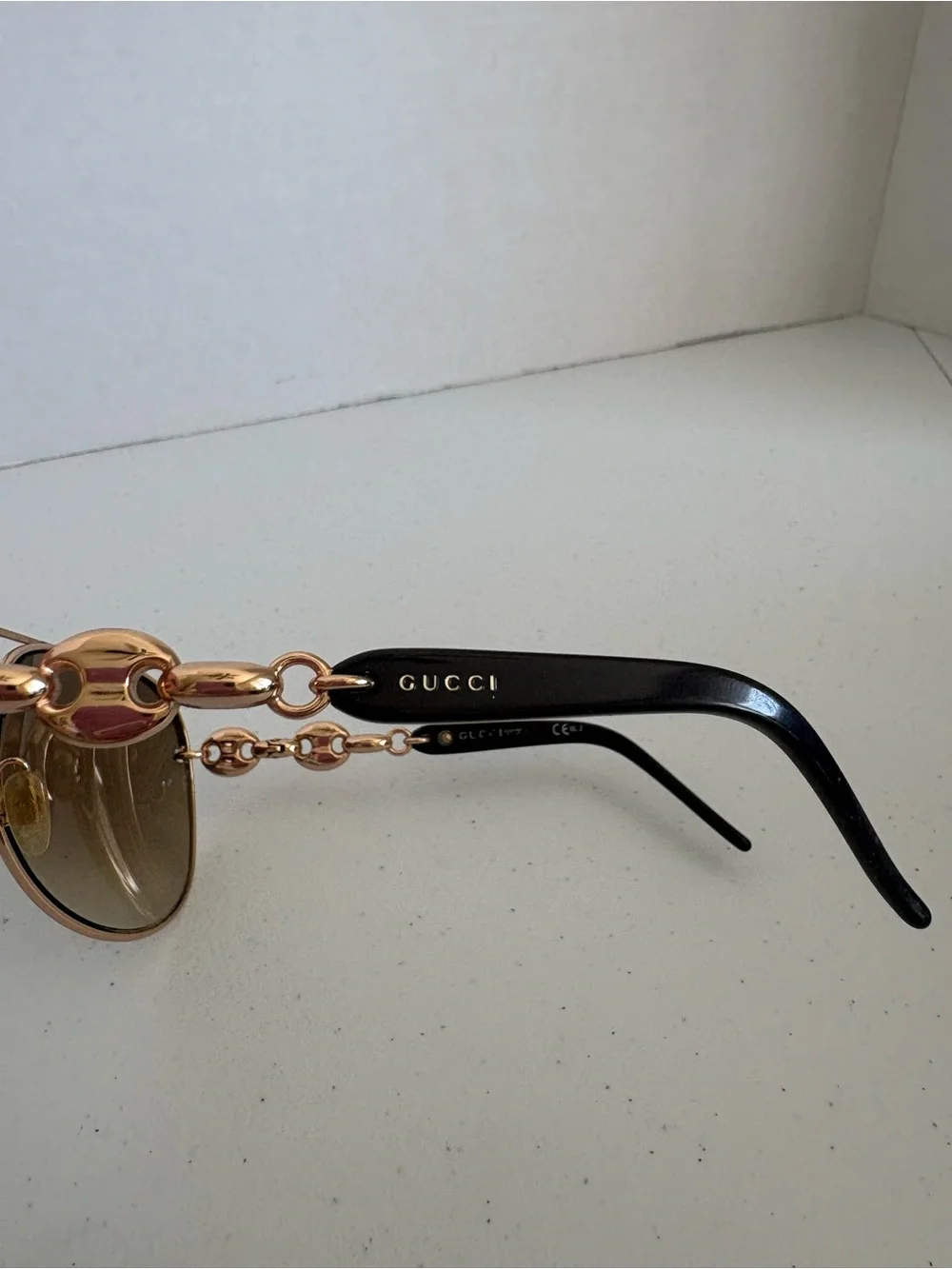 Gucci Men’s Gold Frame Brown Lens Sunglasses with Chain-Link Temples